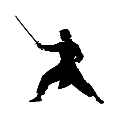 Dövüş sanatları ustasının silueti, elinde kılıç, elinde dövüş sanatları ustası, kılıç silueti çizimi kullanıyor.