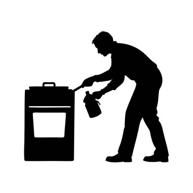 Kimyasallarla ve temizlik istasyonuyla çalışan bir adamın silüeti, soba silueti vektör çizimini temizleyen kişi.