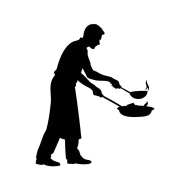 Tavada kepçeyle yemek pişiren bir şefin silueti, yemek silueti çizimi yapan bir insan.