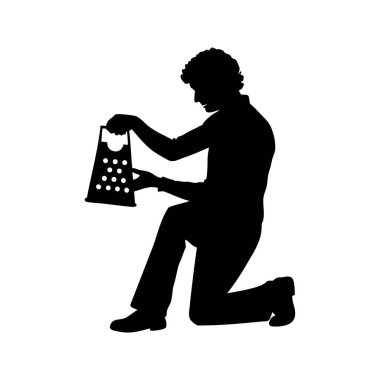 Bir insanın silueti bir şeyi rendeliyor, muhtemelen peynirin dizinde, peynirin siluetini rendeliyor.