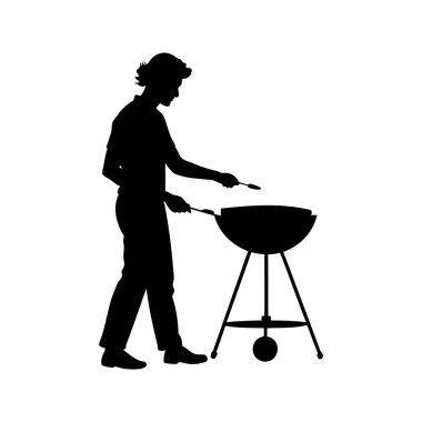 Barbekü ızgarasında alevler içinde yemek pişiren bir kişinin silueti, yemek silueti çizimi yapan biri.