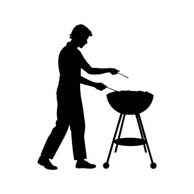 Barbeküde ızgara yapan, alevler yükselen, yemek silueti çizimi yapan birinin silueti.
