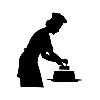 Profesyonel bir kadın fırıncının silueti pastayı kremayla süslemesi, kek silueti çizimi yapan kişi