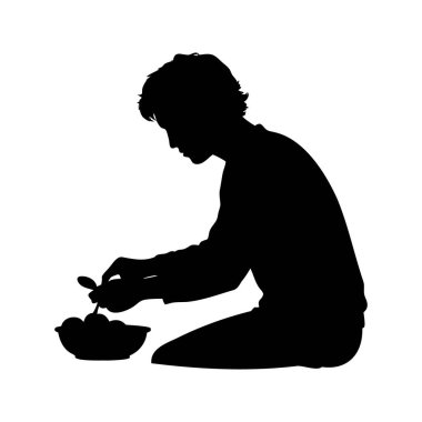 Kaşıkla yemek yiyen bir kişinin silueti. Meyve silueti çizimi yapan birinin.