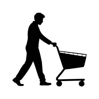 İzole edilmiş bir ortamda alışveriş arabasını iten bir adamın silüeti. Alışveriş arabasının silüeti çizimi.