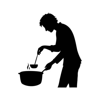 Tencere ve kepçeyle yemek pişiren, buhar yükselen, çorba siluetini karıştıran bir kişinin silüeti.