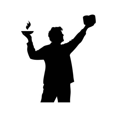 Alev tutan bir adamın silueti ve muzaffer yükseklikte bir nesne, ekmek silueti çizimi yapan kişi.