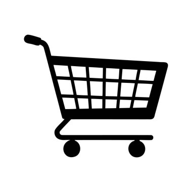 Bir alışveriş arabasının izole edilmiş siyah silueti, perakende ve tüketiciliği sembolize ediyor, süpermarket koridorundaki alışveriş arabası silüet vektör çizimi