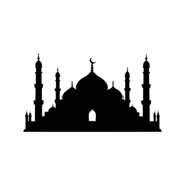 Hilal Ay ve Kuleleri olan Görkemli Cami 'nin Zarif Silueti, Günbatımı silüet vektör çiziminde caminin silueti