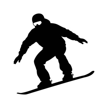 Tepeden aşağıya beyaz bir arka planda kayan bir snowboardcunun silueti. Tepe aşağı siluet çizimi yapan bir snowboardcu.