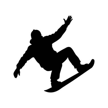 Snowboard 'cuların silueti bir numara yapıyor, kış sporu heyecanı gösteriyor, snowboardcuların silüet vektör çizimleri.