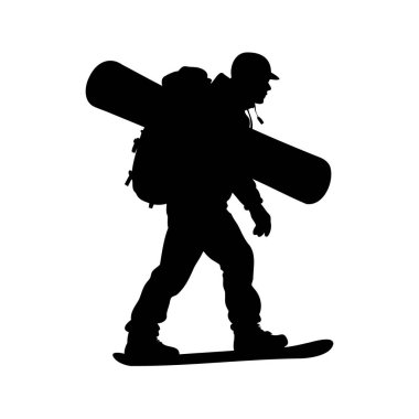 Eğimler için ekipmanı olan kararlı bir snowboardcunun silueti. Sırt çantası vektör çizimi olan snowboardçu.