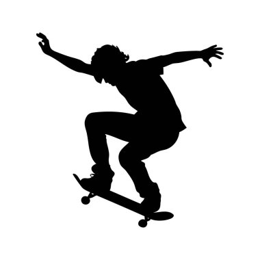 Bir kaykaycının silueti havada ustalıkla atlama numarası yapıyor. Kaykaycı da Ollie Siluet vektör çizimi yapıyor.
