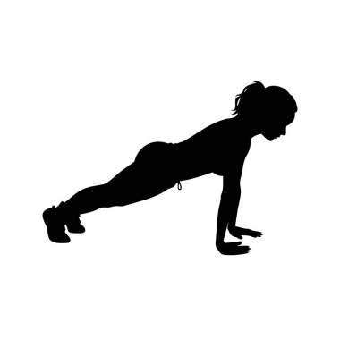 Siluet bir kadın egzersiz yaparken şınav çekiyor, siluet vektör çizimi yapıyor.