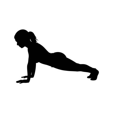 Beyaz arka planda şınav çeken bir kadının silüeti. Silüet vektör çizimi yapan bir kadın.