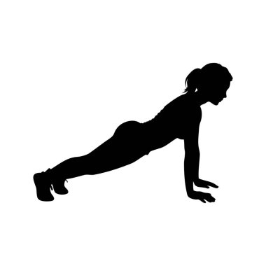 Beyaz arka planda şınav çeken siluet kadın silueti, siluet vektör illüstrasyonundaki kadın.