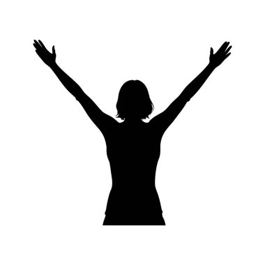 Neşeli bir kutlamada kolları açık bir kadının silueti, kollarını uzatan bir kadının silüeti.