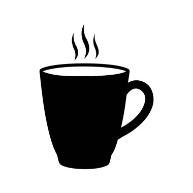 Sıcak bir içecek bardağının siyah silueti buharı yukarı yükseliyor, grafik sanat, kahve fincanı silüeti vektör çizimi