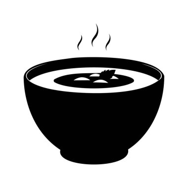 Bir kase sıcak çorbanın, bir kase Soupsilhouette vektör illüstrasyonunun siyah beyaz çizimi