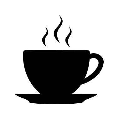 Sıcak kahve fincanı ve fincan tabağının siyah silueti, buharlaşıyor, kahve fincanı silüeti vektör çizimi