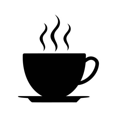 Bir fincan sıcak kahvenin siyah silueti ya da çay fincanı, buharlı silüet vektör resimli kahve fincanı.
