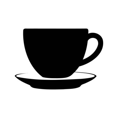 Bir çay fincanı ve fincan tabağı, espresso fincanı ikonu silueti çiziminin minimalist siyah ve beyaz görüntüsü