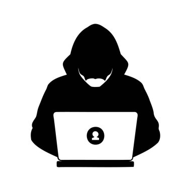 Bilgisayar kullanan bir hacker silueti siber suç ve anonimliği simgeliyor şifreli cihaz siluet vektör çizimi kullanan bir hacker.