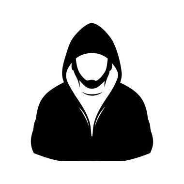 Kapüşonlu bir kapüşonlu soyut figür tanınmazlığı ve gizemi simgeliyor, siluet vektör resimli bir bilgisayar korsanı.