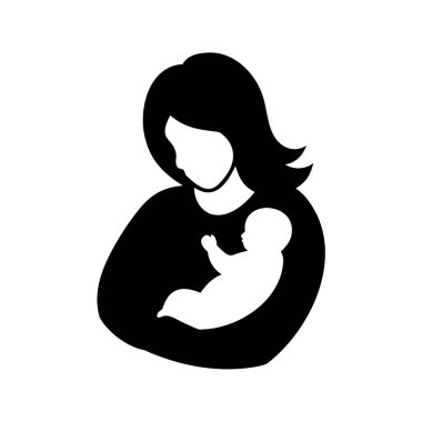 Bir annenin bebeğini şefkatle kucakladığı, yeni doğmuş bebeğini annesinin kollarındaki silüet vektör illüstrasyonunda tasvir edilmiş siyah beyaz tasviri.