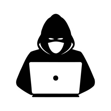Kapüşonlu bir kişinin silüeti dizüstü bilgisayar kullanıyor, sistem siluet vektör illüstrasyonunu hackliyor.