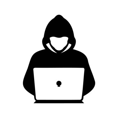 Sistemlere girmek için dizüstü bilgisayar kullanan, siluet vektör illüstrasyonunu kullanan isimsiz bir hacker.