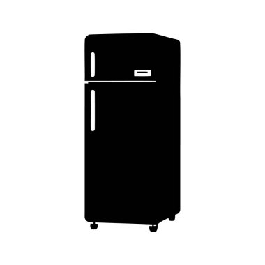Küçük tekerlekler üzerinde duran bir buzdolabı cihazının siyah beyaz çizimi, buzdolabı silueti çizimi
