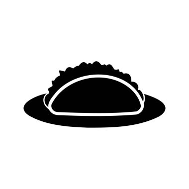 Basit siyah-beyaz siluet çizimi. Lezzetli görünen bir taco tabakta taco, silüet vektör çizimi.