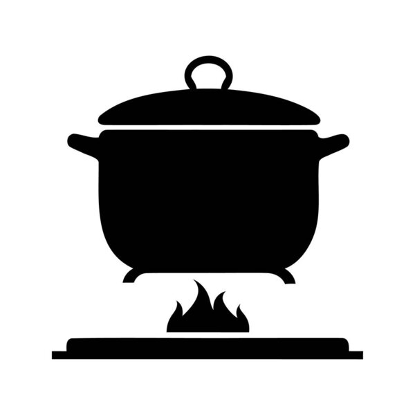A silhouette image of a cooking pot on a gas stove with flames, stove with pot silhouette vector illustration