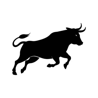 Güçlü siyah boğa silueti dinamik ve güçlü bir illüstrasyonla ileri sıçrıyor, boğa siluet çizimi