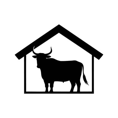 Bir ev yapısı illüstrasyon logosu içinde siyah bir boğa silueti, ambar silueti vektör illüstrasyonunda boğa.