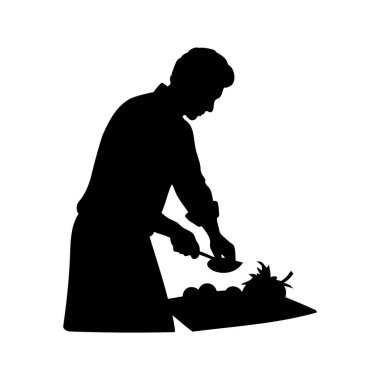 Bir şefin silueti bir kaşık ile sebzeleri kesme tahtasında hazırlıyor, sebzeleri doğruyor, vektör illüstrasyonunu yapıyor.