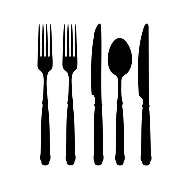 Çatalları, kaşıkları ve bıçakları, çatal bıçak takımlarını, siluet vektör illüstrasyonunu gösteren silüette şık bir düzenleme.