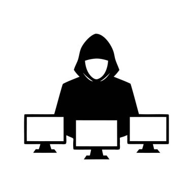 Üç bilgisayar ekranının arkasındaki kapüşonlu bilgisayar korsanının simgesi. Çoklu monitörlü hacker, siluet vektör çizimi.