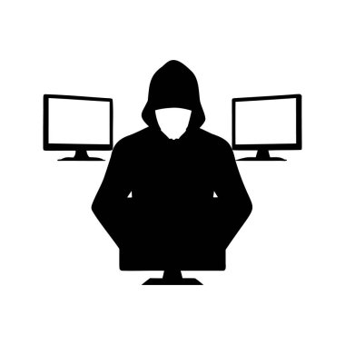 Karanlık Kodlama Oturumunda Bilgisayarlı Anonim Hacker Silueti, Çoklu monitörlü hacker vektör çizimi