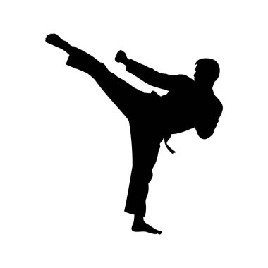 Dövüş sanatlarının silueti, güçlü ve hassas bir şekilde ön tekme atıyor. Dövüş sanatları ustası yüksek tekme ve silüet vektör çizimi yapıyor.
