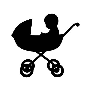 Bebeğin silueti klasik bir bebek arabasında, çocukluğun sembolü, bebek arabasının silüetinde yeni doğmuş bir bebek.