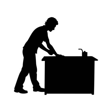Masa lambasıyla çalışan bir kişinin silüeti mutfak tezgahının silüeti vektör illüstrasyonunu temizleyen kişi