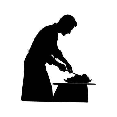 Masada yemek hazırlayan ya da servis yapan bir şefin silueti et silueti çizimi yapan kişi.