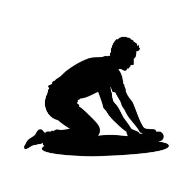 Diz çöküp yuvarlak bir nesneye basan bir adamın silüeti, hamur siluet vektör çizimi