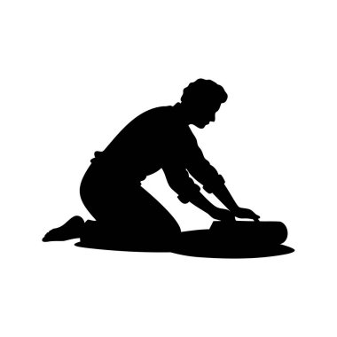 Diz çöküp bavul ya da çanta üzerinde çalışan bir kişinin silüeti, hamur silueti vektör çizimi