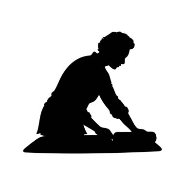 Kıyafetleri ütüleyen, ev işlerine ve sorumluluklara odaklanan silueti olan bir kadın silueti.