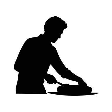 Bir fırıncının silueti masada bıçakla dikkatlice pastayı dilimliyor, ekmek silueti çizimi yapıyor.