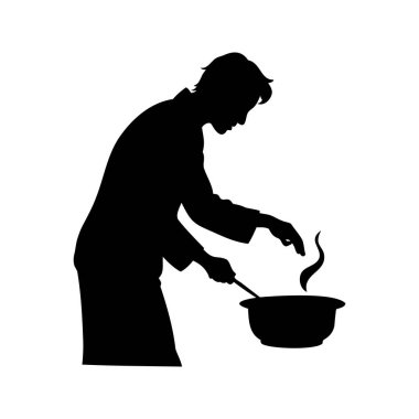 Bir şefin silueti tencereyi karıştırıyor, aşçılık şaheseri yaratıyor, çorba silueti çizimi yapıyor.