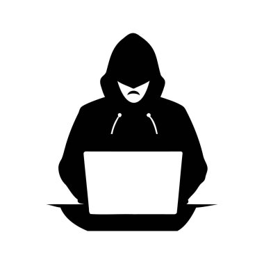 Gizemli bir bilgisayar korsanı silueti, karanlıkta kodlama, silüet vektör illüstrasyonunu kullanan kişi.